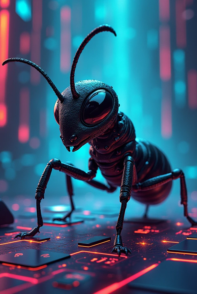 Create a photo of a sad smart social ant hacker and manipulate it into a cartoon