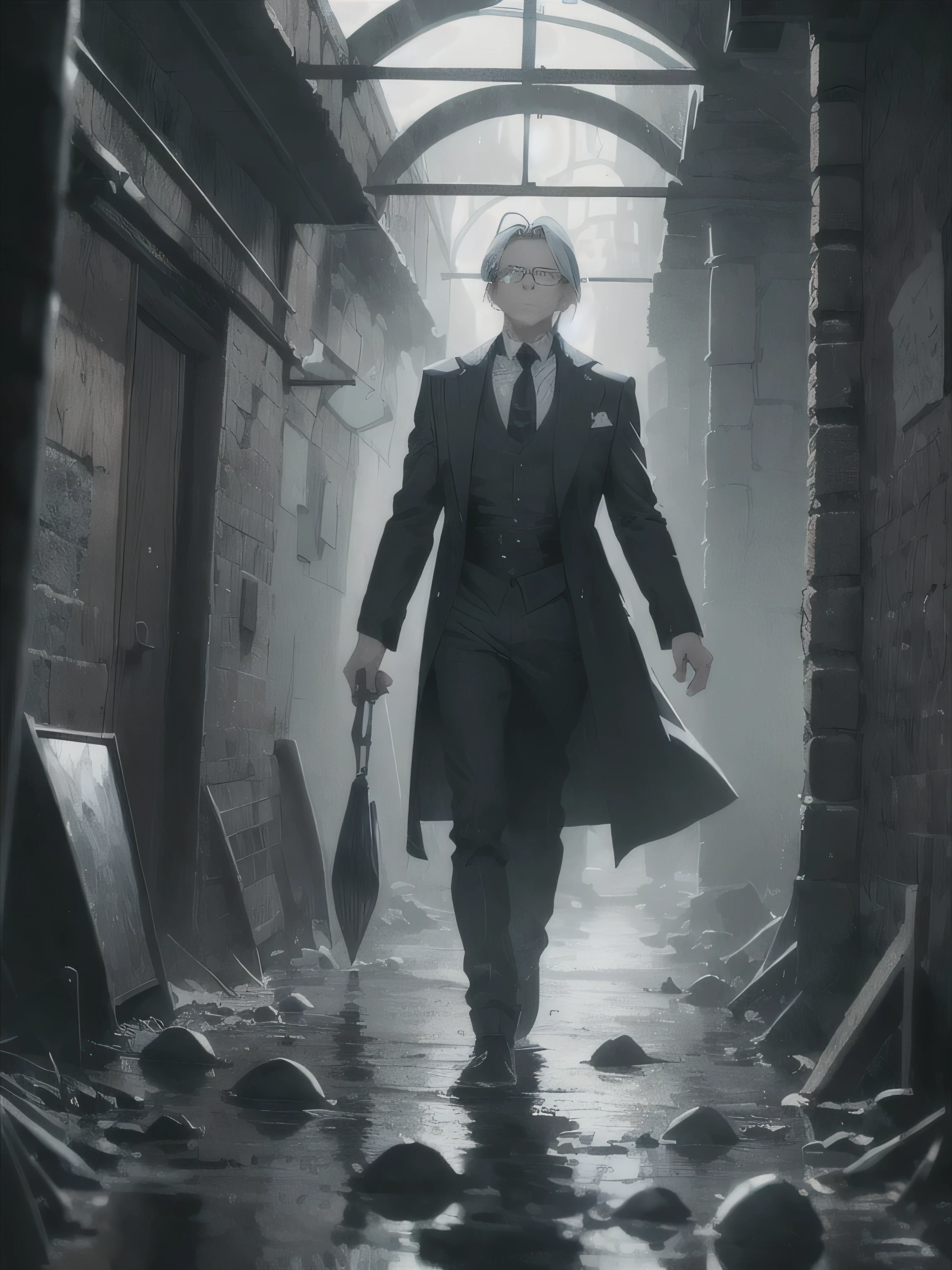 "Illustrate a somber scene set in the underground sewers of a medieval city. The atmosphere is damp and oppressive, with the walls covered in a thin layer of frost from the chilling cold. Oswald Wilton, a man white white long hair in a bun, glasses and butler outfit. His face is etched with the lines of regret and sorrow as he contemplates the dark path that led him here. The sewers, ancient and labyrinthine, stretch endlessly in every direction, filled with the echoes of distant water dripping and the soft scurrying of unseen creatures. A large, intricately drawn magic circle on the floor glows faintly with an eerie blue light, a reminder of the powerful forces at play. As Oswald reflects on his life, the air around him seems to grow colder, foreshadowing the grim fate he knows is drawing near. The scene should capture the tension of a man on the edge, weighed down by the choices he's made and the inevitable consequences that await."