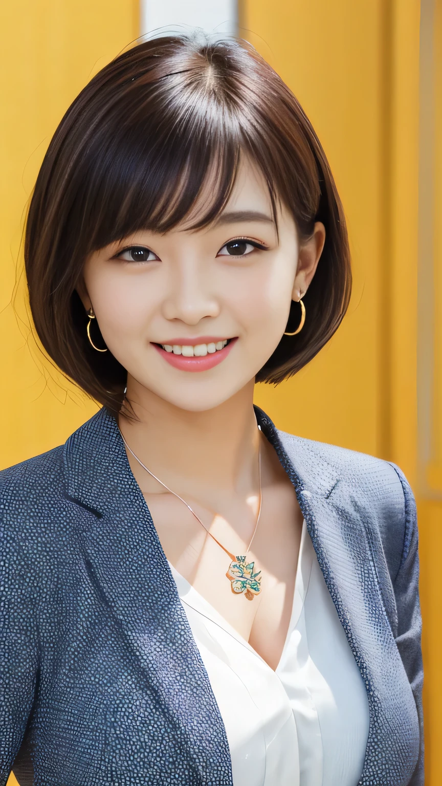 RAW Photos, High resolution, Very detailed, Intricate details, 、ear piercing、smile、short hair、Black Hair、Open your mouth a little、Clear beauty,(High quality fabric, Office Lady Suits 、Necklace around the neck、, The background is the office