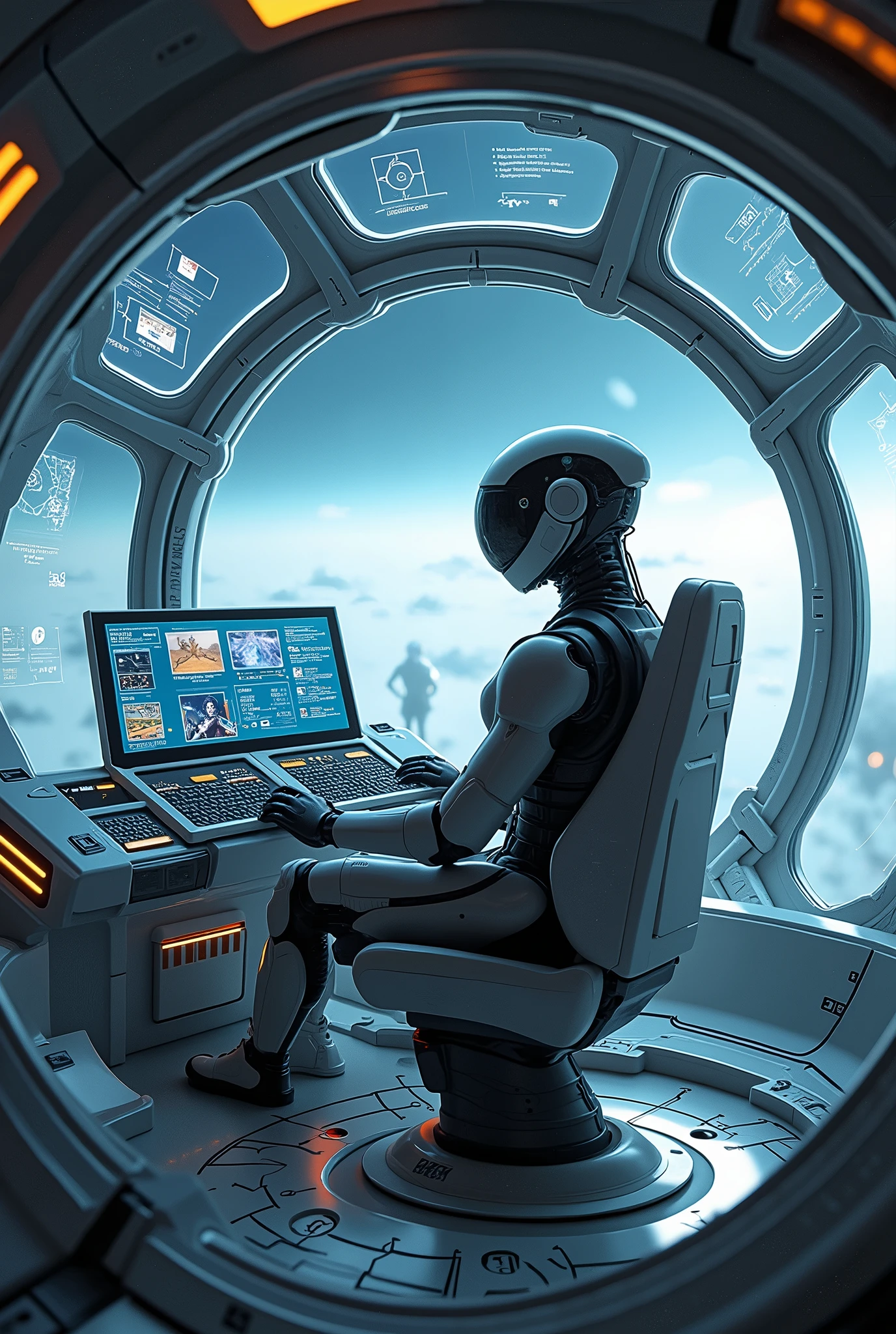 cockpit、All-sky monitor、360° Monitor、View AR support information、Real、The seat appears to be floating in the air、narrow、Robot cockpit
