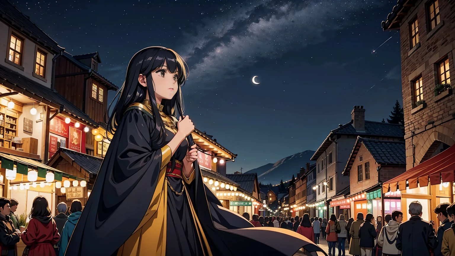 A large medieval town under a starry night sky, now filled with the vibrant atmosphere of a festival. The town is alive with colorful lanterns hanging across the cobblestone streets, bustling market stalls, and people in festive attire celebrating. In the foreground, a young woman stands on a balcony, looking up at the night sky filled with twinkling stars and a glowing crescent moon. She has long, flowing black hair and wears a dark blue cloak that blends with the night. Her expression is joyful and captivated by the beauty of the festival lights and decorations below. The atmosphere is lively, magical, and full of celebration, with a sense of community and wonder.