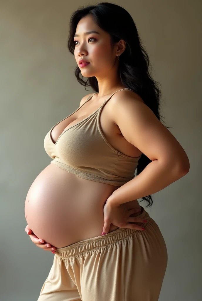 Slightly chubby pregnant asian thick hips, huge fat juicy butt, huge pregnant belly, wearing tight tank top and flowing beige Bohemia pants, biting bottom lip, light makeup, hands on hips, side view,