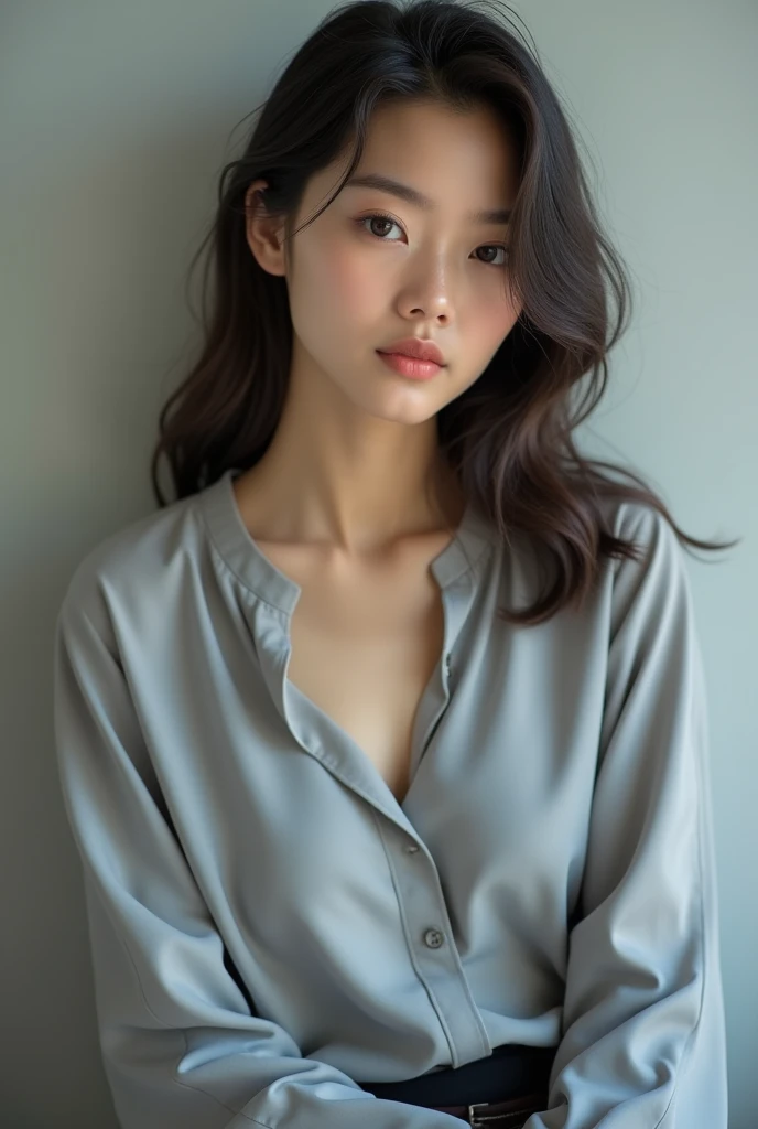 Image of a person wearing a plain gray blouse