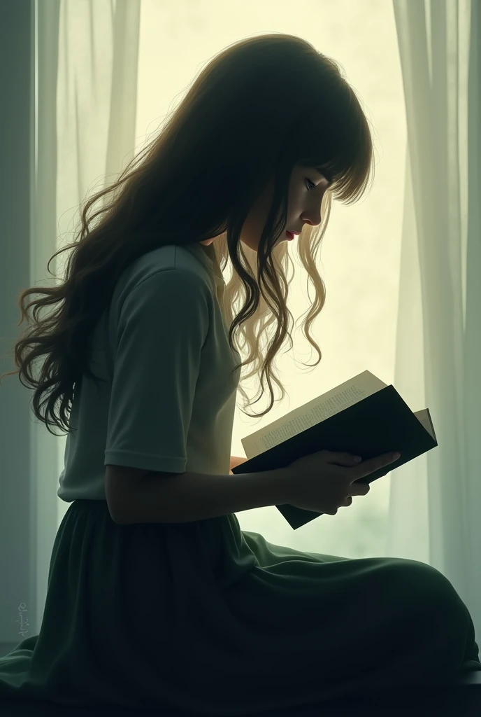 Silhouette of a girl with long hair sitting and reading a book 

