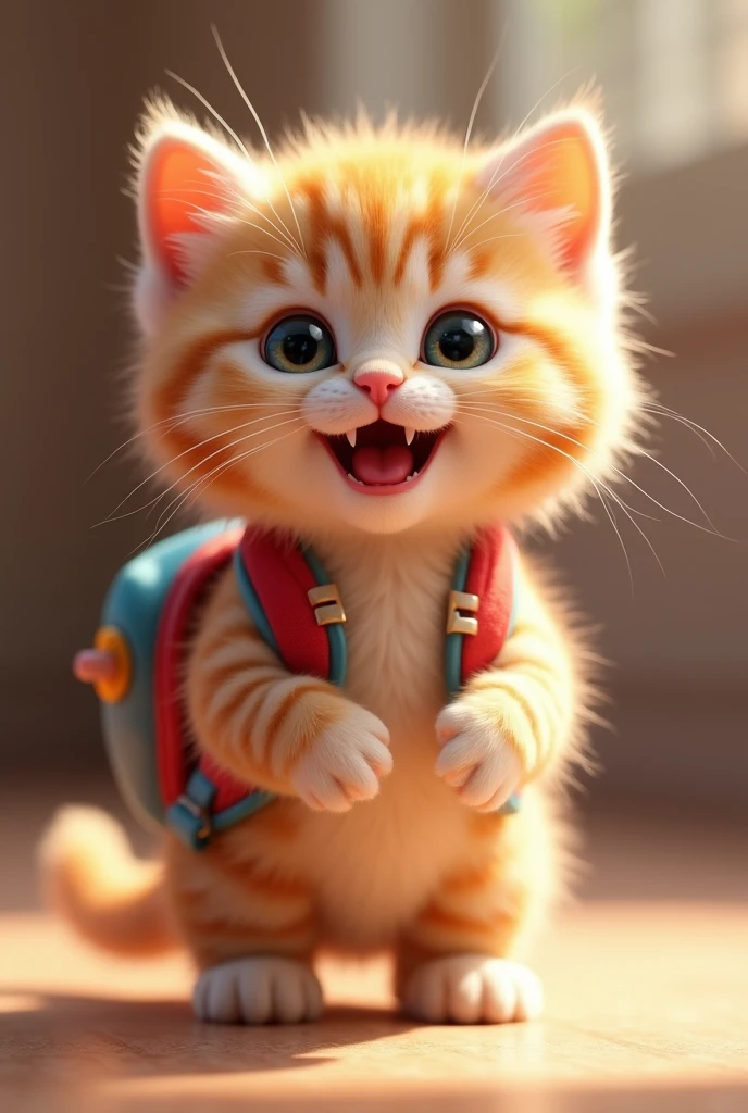 A highly realistic 4K image of a cute, smiling kitten standing upright with a joyful expression. The kitten is wearing a small, colorful backpack, adding to its adorable charm. The scene is set against a simple background to keep the focus on the kitten, highlighting its fluffy fur and sparkling eyes. The lighting is soft, enhancing the warm and playful atmosphere."