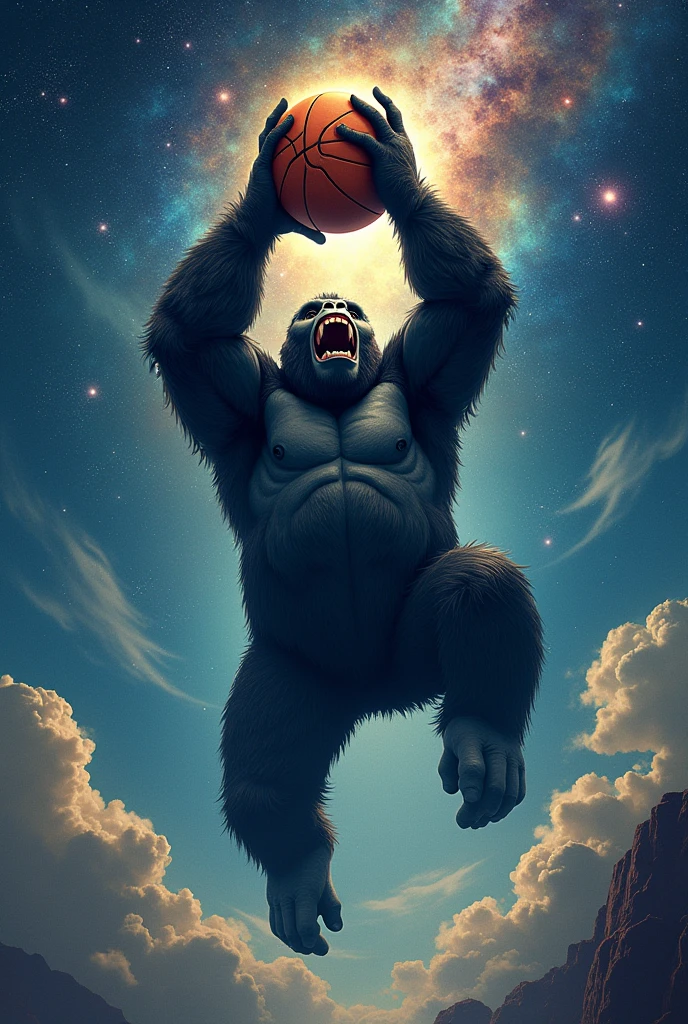 gorilla with crown and basketball jersey number 10, burgundy uniform and name "UNIME" holding the galaxies, make gorilla more realistic 