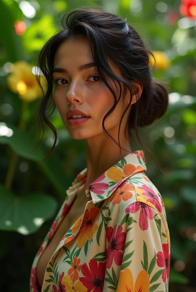 A Brazilian woman in a lush tropical garden, wearing an open shirt with a floral print, with a close-up capturing the harmonious beauty between her breasts and the natural flowers, showing off your natural charm and outgoing personality.