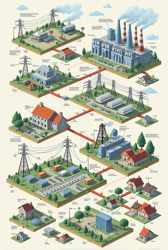 create me a diagram of how the electricity is made in a power plant to and how it travelled to the houses