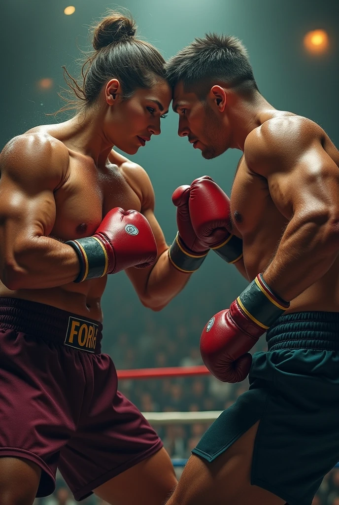 A very tall, muscular woman will box with a man