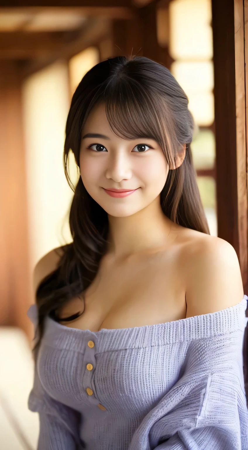 masterpiece,best quality,(Japanese girl),((Beautiful girl)),cleavage,(off shoulder:1.2),(perfect body beauty:1.2),(shy smile),