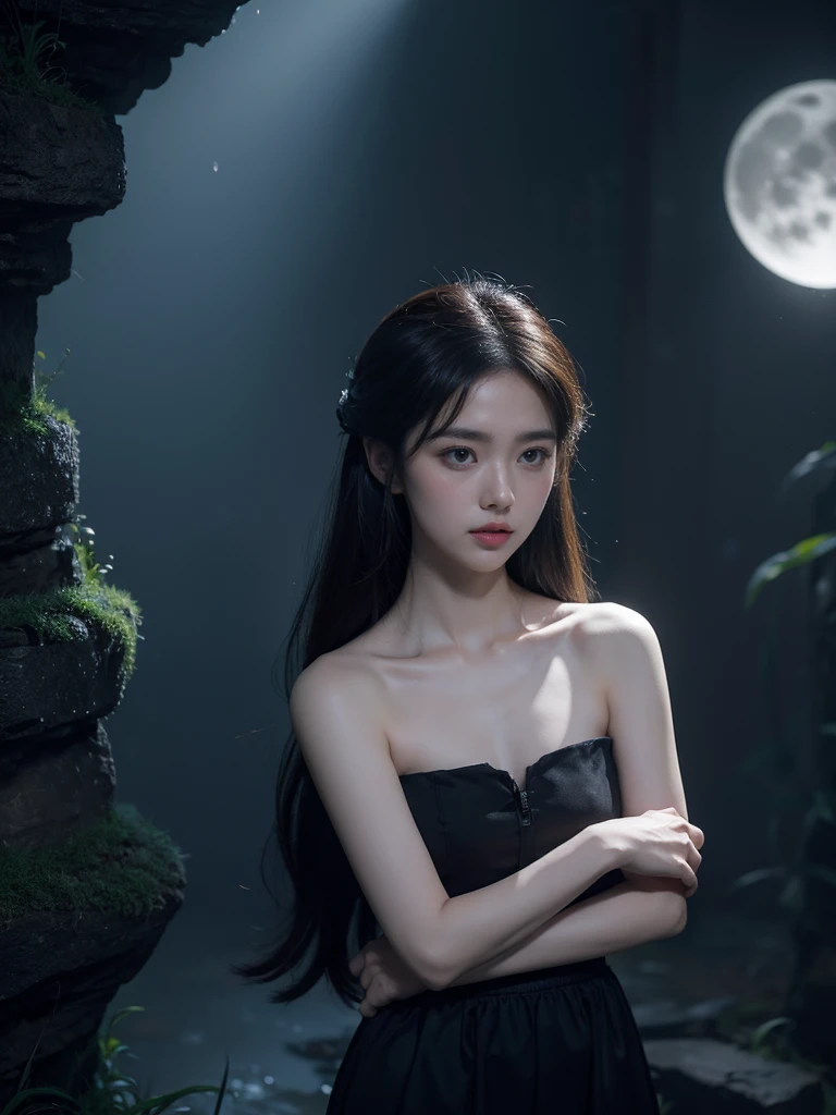 ((Gu Feng, bare shoulders)),(Masterpiece, best quality:1.2), 1 girl, alone, In the depths of wonderland，Moonlight falls like water，mist room，The heroine&#39;s figure was not clearly visible.，Just like the angel in the painting.，sexy legs，Very beautiful legs，Sexy legs，big breasts，美丽而又带着一丝mystifying的色彩。Her face was beautiful and delicate.，Like intricately carved jade，Revealing otherworldly beauty。Eyebrows are beautiful，The waves in my eyes are like twinkling stars.，It shows the light of perseverance and wisdom.。The bridge of the nose is straight.，Lip color like cherry，The slightly raised corners of the mouth reveal confidence and calmness.。Her face was clear.，The skin is as fair as jade.，Reveals a healthy glow，Like an angel, She had never eaten fireworks in this world.。Her makeup was light and delicate.，There isn&#39;t too much embellishment.，But when he had shown his emotions and charm。Light foundation helps reveal skin&#39;s transparency.，A lightweight eyebrow pencil helps create her perfect brow shape.，Eye makeup is eyeshadow and eyeliner.，It made her eyes brighter and more energetic.。嘴唇涂上grace的口红，Add a little charm and sophistication。她的衣服grace别致，Fluttering clothes，It seemed to be blown away by the wind every time.，drifting into the distance。既不失grace，Also shows her special skills.。Move to her moves。Her hair was casually pulled back.，Stay safe with hosta，Some strands of hair blow in the wind.，Add a little softness。Her body appeared in the heavenly realm.，宛如一道big breasts美丽的风景线，Attract everyone&#39;Interest。She looks like an angel in a wonderland.，big breasts美丽、grace、mystifying、and full of energy。