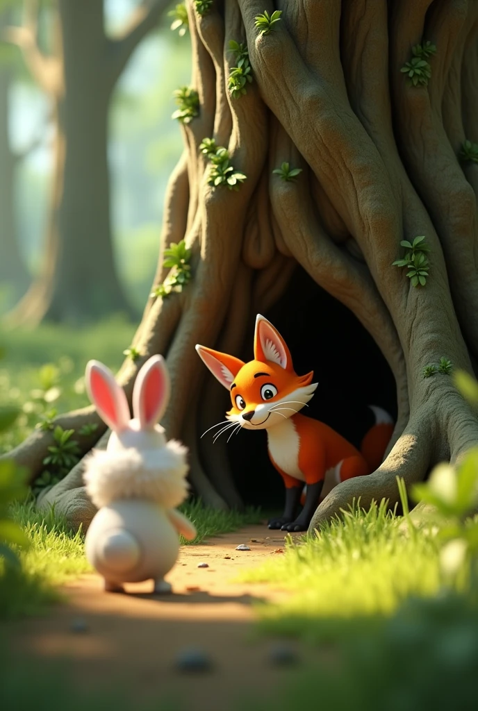 In 3D animation style The fox peeking out from his hiding spot as the rabbit gets closer.
