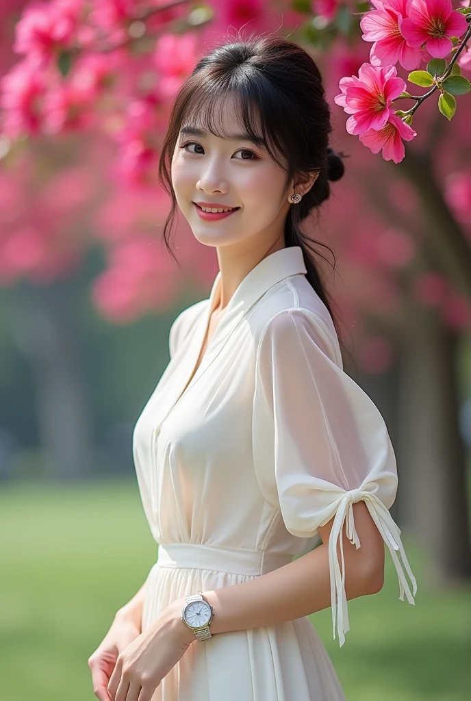 Beautiful Korean Women , smooth white skin, well-groomed face,Korean style updo with bangs,knee length dress, transparent short balloon sleeve,,left and right sleeves with butterfly motif ribbons,the color of the shirt is old, white shoes, luxury watch, smiled faintly, posing standing under a dark pink bougainvillea tree. in the city park,bersama kucing anggora berukuran sangat besar, bokeh background, Realistic original photo.