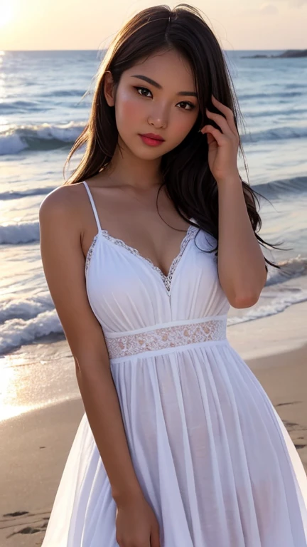 Mastepiece, Highest quality, figure, Ultra high definition, The finer details, High resolution, 8k wallpaper, Perfect dynamic composition, Beautiful attention to detail, Wear a dress, Natural color lips, Beach, random cute pose, Perfect and beautiful face , cute, Sexy Face, sunset, Feminine face