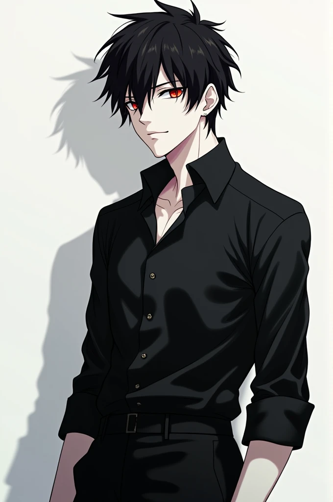 1 anime boy, white skin, black hair, red eyes. Facial expression, Wear black shirt and pants
