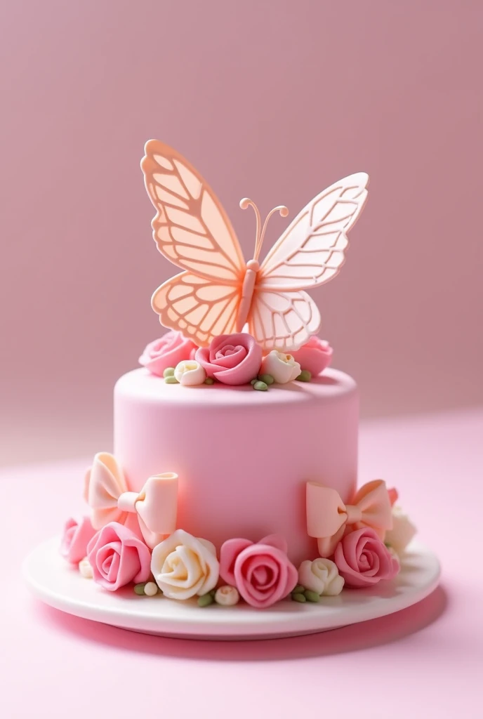 Make a 1 cm pink cake that has a butterfly on top, bows and roses on the bottom and that is the most beautiful in the world.