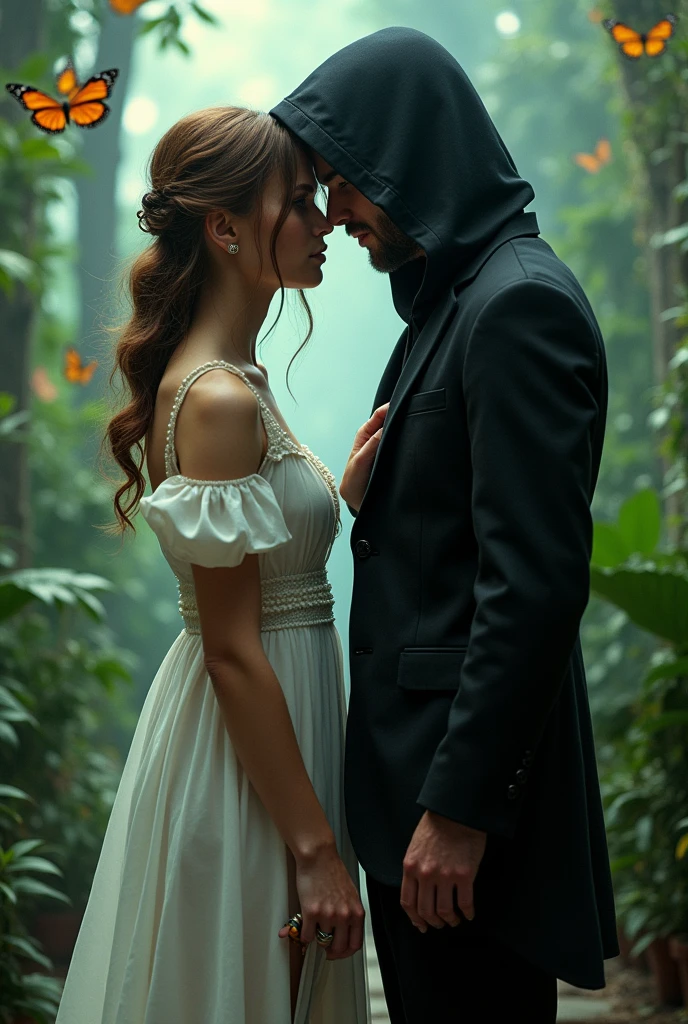 Create an image where a boy and a girl are inside a butterfly house. She has a white nightgown and long hair.. The boy has a black hooded suit. She has her back to him while he speaks in her ear. more realistic and both are separated. They are both adults. MORE ADULTS AND HE IS BEHIND HER. BOTH SEPARATED AND MORE BUTTERFLIES. SEPARATED PLEASE LET THEM BE SEPARATED. more butterflies and the girl is holding a dagger. She has a white nightgown on. more realistic. HE HAS HIS FACE MORE COVERED. They are face to face. Please improve it please improve it once more. THE FACE OF THE MOST COVERED PLEASE. She has the dagger at her neck. THE DAGGER IS CLOSER TO HIS BODY. more realistic