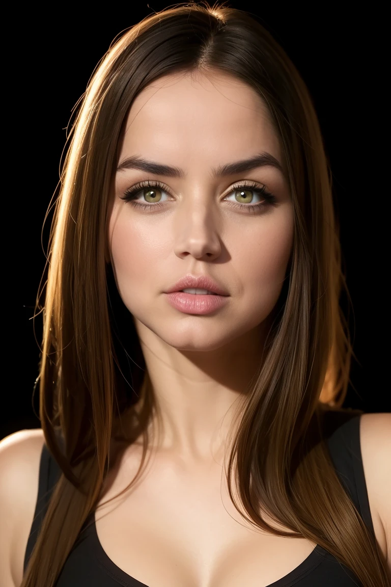 A seductive portrait of a woman, (medium shot), tanktop, brown hair, (straight hair:1.5), skin texture, digital painting, illustration, (masterpiece, best quality:1.2), high details, contrasting lighting, (black background:1.5) 