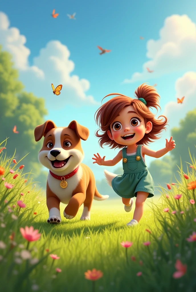 Image: Lily and Buddy playing in the meadow, with Buddy running joyfully and Lily laughing. The background shows lush greenery and perhaps a few butterflies or birds.
Details: The scene should be lively and full of movement, capturing the joy of their friendship.