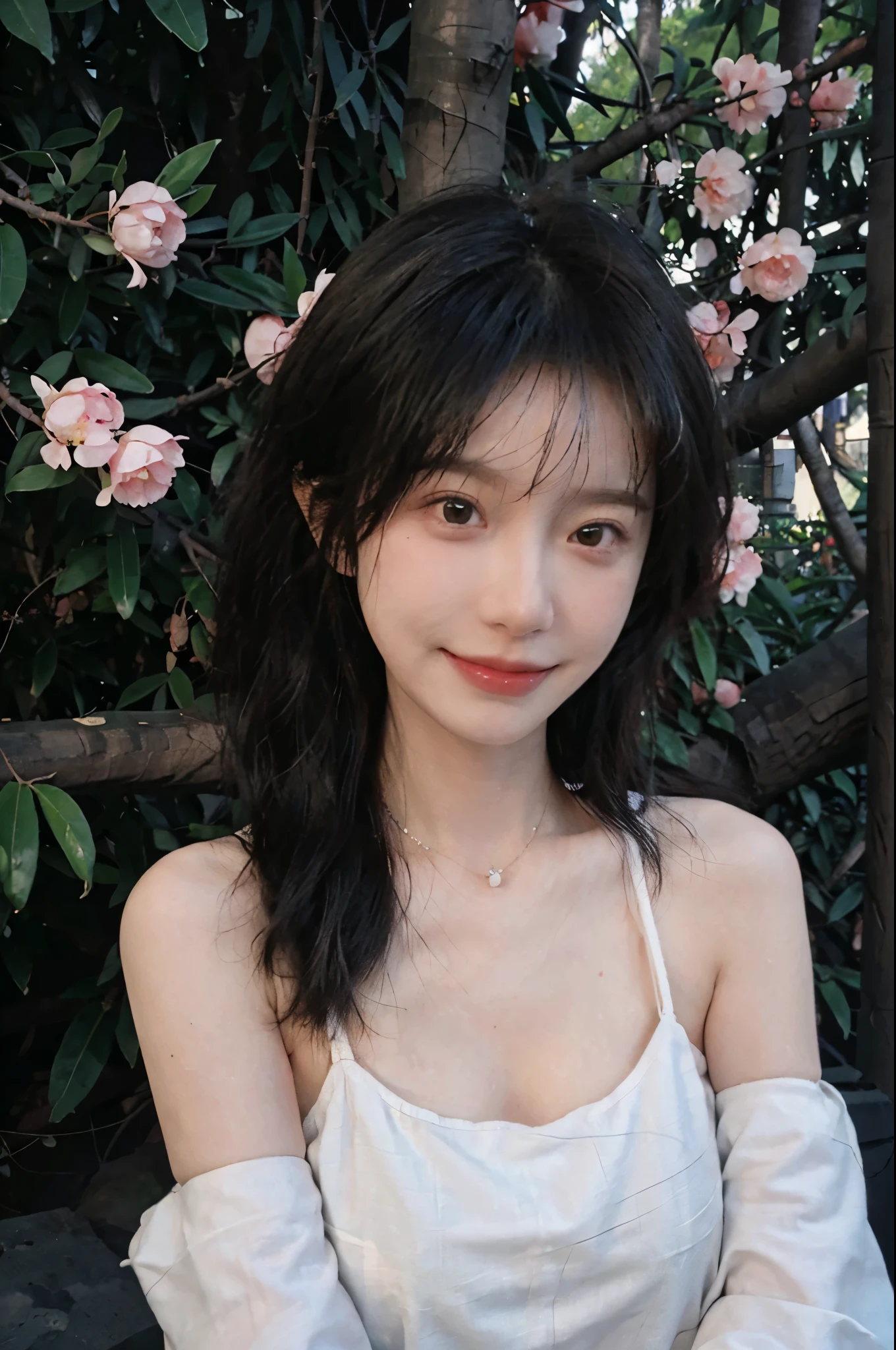 best qualtiy, Ultra-high resolution, (realisticlying:1.4),cute hairpin,Baoyu Girl,European style apartment,(flatchest:1.2) ,A pair of clear and moving peach blossom eyes,Royal Sister,sunshine on face,Big waves,(ln the forest:1.4),(choker necklace:1.2),(Fair skin:1.4),a sense of atmosphere,a beauty girl, ssmile,head straight-looking at viewer, closeup cleavage ,(Photorealistic:1.4),1girll,sexly,(Upper body:1.4),(Wet body),(:1.2)