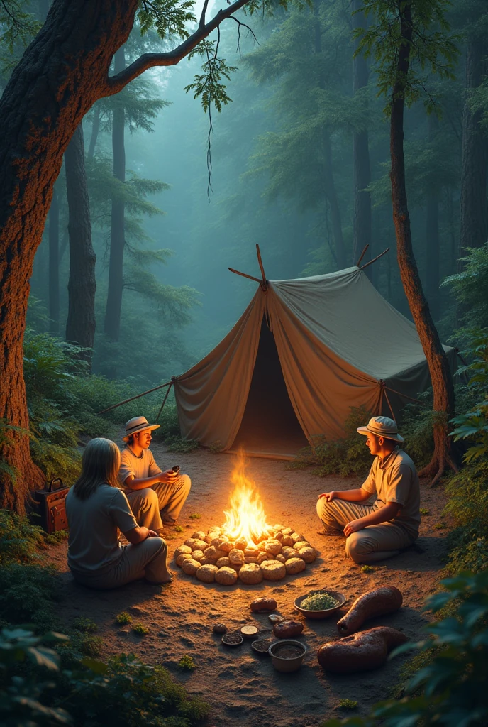 create an AI photo of a campsite with cool food and a forest. With simple foods, with guts on a spit, rice in milk carton...