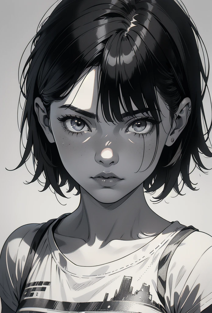 1 boyish girl, solo, sharp eyes, expressionless, monochrome, greyscale, short black hair, portrait, white T-shirt, closed mouth, looking at viewer, graphite \(medium\), detailed lips, hatching \(texture\), without makeup, bangs, upper body, (best illustration), (best quality), (very detailed), (masterpiece), expressionless,