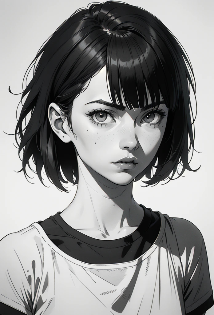 1 boyish girl, solo, sharp eyes, expressionless, monochrome, greyscale, short black hair, portrait, white T-shirt, closed mouth, looking at viewer, graphite \(medium\), detailed lips, hatching \(texture\), without makeup, bangs, upper body, (best illustration), (best quality), (very detailed), (masterpiece), expressionless,