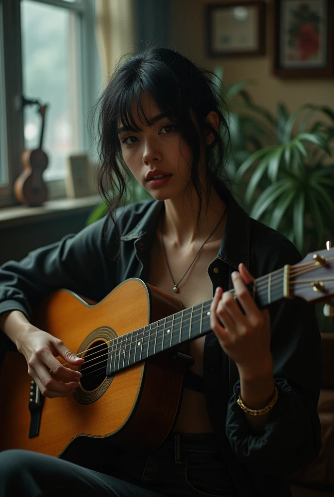 Girl playing guitar while smoking