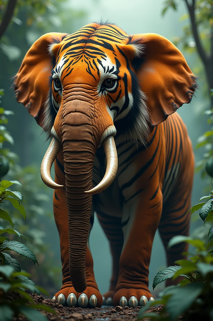 Imagine a powerful genetic fusion of a tiger and an elephant. The creature possesses the massive, muscular body of an elephant, with thick, tiger-like fur covering its form. Its face combines the features of both animals, with a long, powerful trunk adorned with subtle tiger stripes and large, piercing feline eyes. The tusks curve out fiercely, resembling a tiger's fangs, and its ears have a shape reminiscent of tiger ears but in the size of an elephant's. The creature stands in a dense jungle, with its fur blending into the foliage, exuding both the majesty of an elephant and the predatory grace of a tiger. The setting is vibrant and wild, with the jungle’s rich greens contrasting against the creature's striking orange and black stripes.