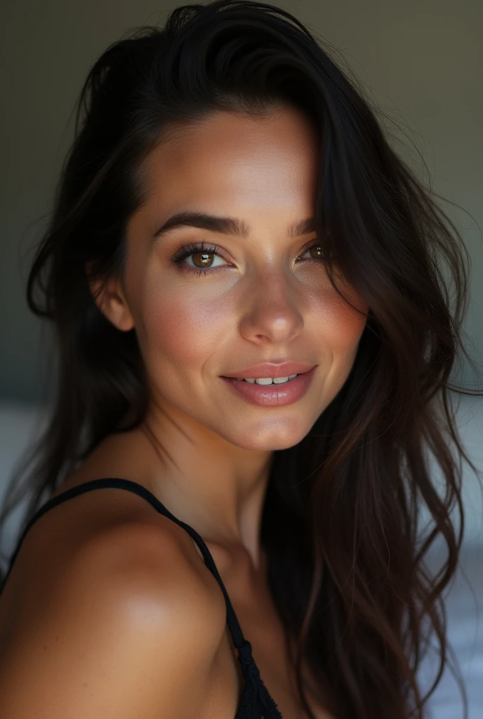 work of art, best quality image, high qualiy, beautiful girl, Brazilian, make-up, detailded, Swollen Eyes, detailded eyes, detailded skin, beautiful fur, ultra high resolution, (reality: 1.4), Very beauthful, Slightly older face, beautiful fur, 苗条, (ultra realistic), (illustration), (high resolution), (highly detailded), (best illustration), (beautifully detailded eyes), (super detailded), (wall-paper), (detailded face), Selfie, fine-details, detailded face, pureerosfaceace_v1, smiling, looking straight ahead, looking straight ahead, waist up angle, photo realist, bright lighting, professional lighting, long hair, dark abandoned, white bed, black lingerie, mature woman, (8k)