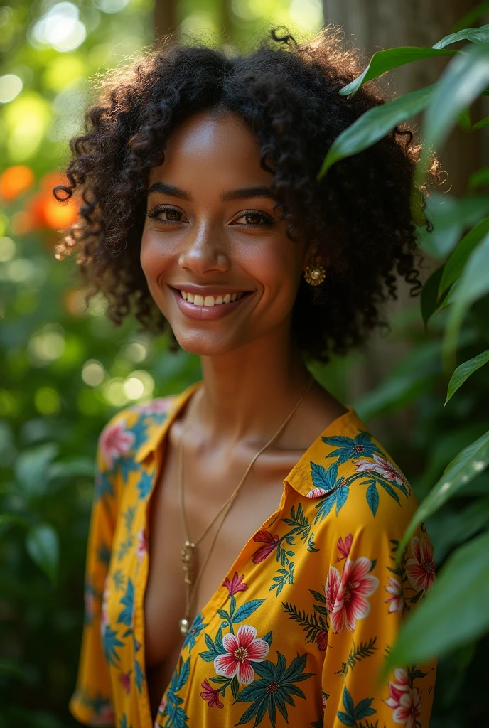 A Brazilian woman in a lush tropical garden, wearing an open shirt with a floral print, with a close-up capturing the harmonious beauty between her breasts and the natural flowers, showing off your natural charm and outgoing personality.