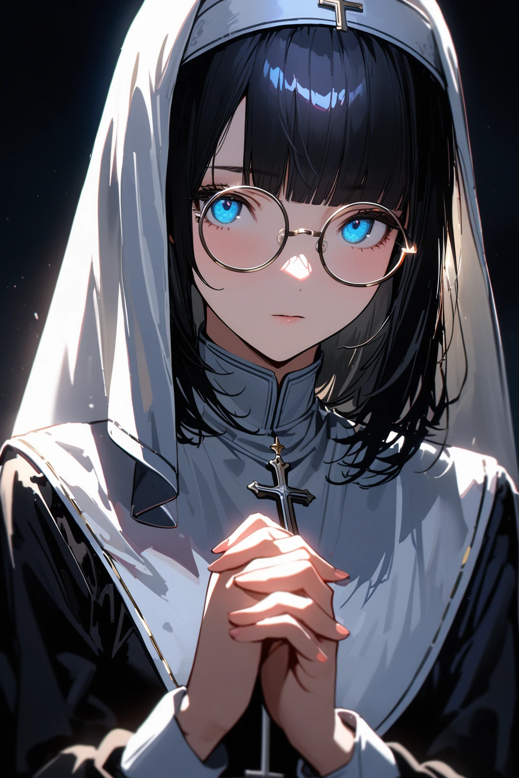 (extremely detailed fine touch:1.3), girl, solo, alone, 2.5d, (((silver semi-rimless round eyewear:1.3))), short hair, smooth hair, blunt bangs, Beautiful nun, Exquisite facial features，Meticulous portrayal，The eyes are sharply focused，Hands together，Beautiful cross, rim light，Glowing special effects，full body，Pure black background