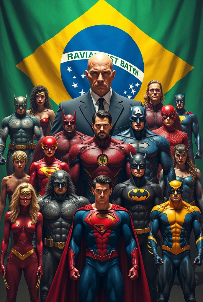 Top 5 Marvel. Top 5 DC characters and top 5 X-Man characters with Brazilian flag in the background x bald judge Alexandre de Morais