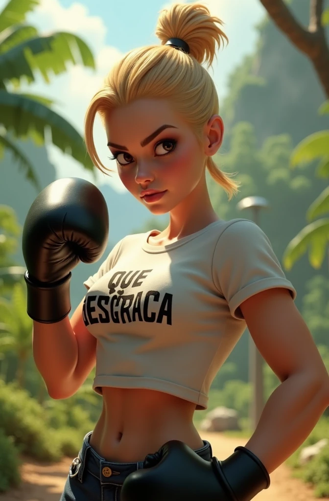 blonde woman, long hair, rabo de cavalo, cabelo longo e ondulado, hair tied up, brown eyes, fighting stance with black boxing glove, t-shirt that says "QUE DESGRAÇA", in a landscape in a landscape animação pixar 3D (alta qualidade)