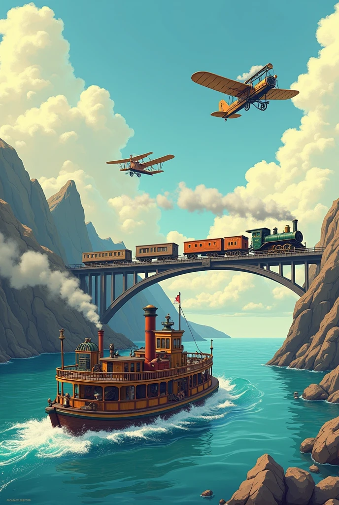 Old version of steamboat on an ocean at the foreground, a rocky bridge with the first version of a steam train on top in the middle ground, and Wilbur and Orville wright's airplane flying in the sky at the background. Make the image be wide and be easy to draw.