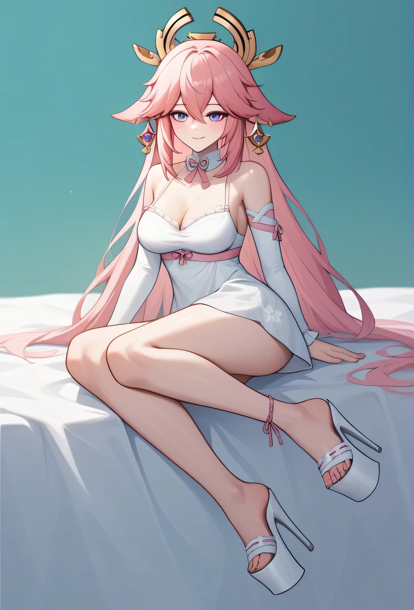 fraction_9,fraction_8_Direction_7_highly,Bachong, Solitary, Pink_theme, plain_backdrop, 1 girl, long_sleeve, Pink_swe in er, White_backdrop, White_chemise, Pink_Ribbon, sleeve_Past_wrist, High resolution, absurdes, sleeveless_swe in er,Skin color,green skin,pinkies Hair,hole body,green skin,Zombification,green skin,sitting on the bed,green fog, hole body, Platform High Heels
