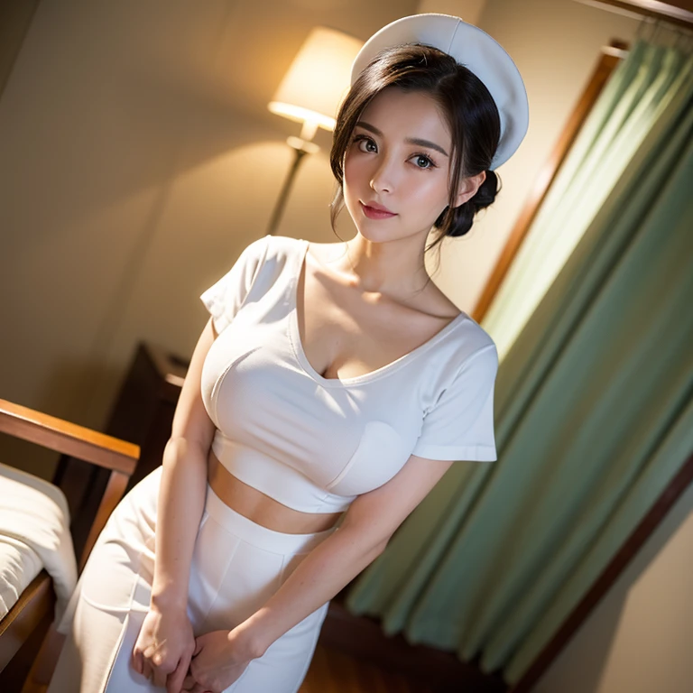 (((high resolution, High resolution, 8k)))  The pieces fly, ((非常にdetailedな, The finer details)),, Perfect dynamic composition,(detailed , Realistic depiction of eyes:1.3),Japanese women, Beautiful face, Age１８age, Hospital room、White nurse cap、White tights、White nurse uniform、Are standing、Hand Skirt、, Large Breasts,semi-long, Hair tied up, Black hair color, Big Natural Color Lip, warm gaze, Angel&#39;s Smile, 寝ている患者をDuring examination.background:Hospital roomの寝室で患者の様子を見ている, During examination, Angel&#39;s Smileで優しさを感じる, The angle is from the patient&#39;s perspective. Hospital roomの窓からは太陽の光.