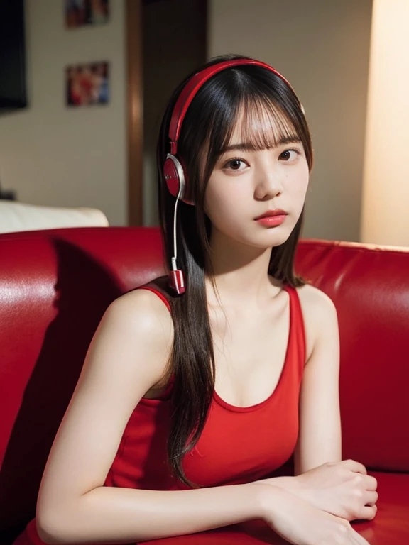araffe woman sitting on a couch with a red top and headphones, young and cute girl, asian girl, beautiful asian girl, cutecore, chinese girl, korean girl, gorgeous chinese model, trending at cgstation, sexy girl, red bra, 2 female model, good young girl, gorgeous young korean woman, cute young girl