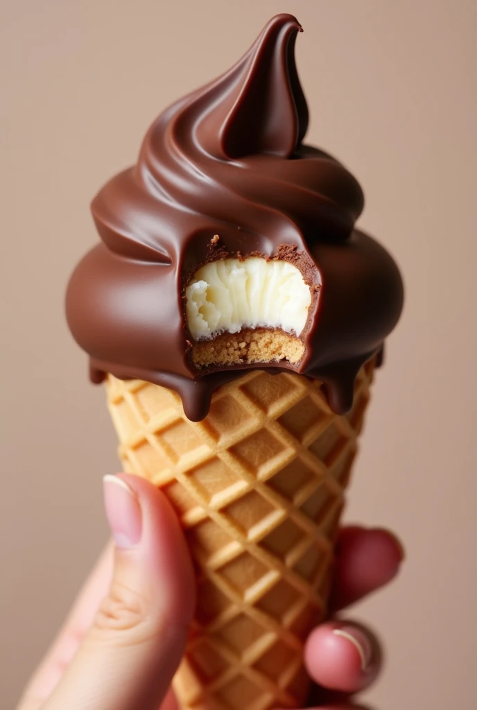 someone holding a chocolate dessert in their hand, waffle cone shaped like an ice cream cone, with a bite exposing the creamy filling, shiny and light. Cone completely covered on the outside with milk chocolate, sweet made with wafer shell dipped in milk chocolate