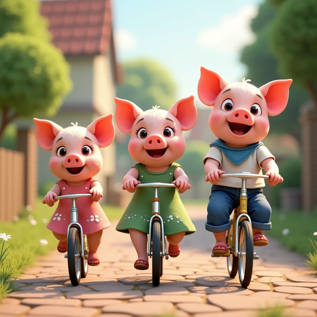 pixar style, 3d, 3 cute good looking piglets wearing dresses riding bicycles on cobblestone road in village, smallest piglet on left is wearing pink dress with white flowers:1.3, middle piglet in centre is wearing green dress with white polka dots:1.3, eldest piglet on the right is wearing white t-shirt blue jeans and a blue bandana:1.3, game button art, Game illustration, lovely digital painting, artstation for kids art, Official artwork, key art, mobile game art, cover game art, zootopia concept art, (soft lighting:1.3), (green and earthy color scheme:1.3), (highly detailed), (ultra quality:1.3), (masterpiece), (digital art), 8K resolution, HDR, depth of field, (soft shadows), (photorealistic:1.3), (animation:1.2), (by Greg Rutkowski:0.9), (in the style of Alphonse Mucha), trending on ArtStation, award-winning art, 3d style
