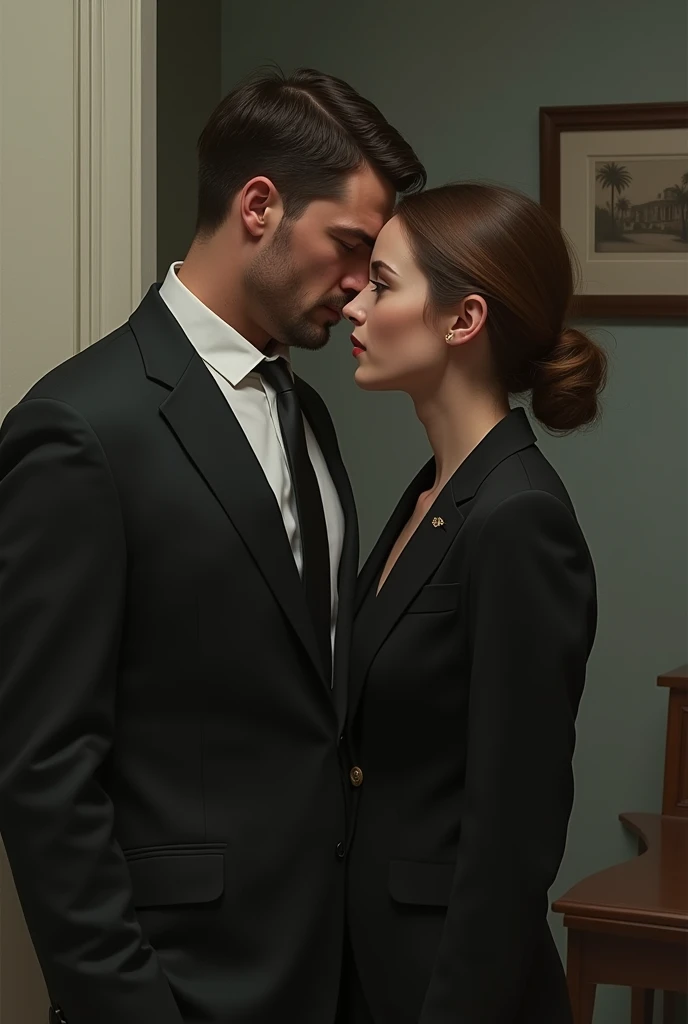 Drawing of a normal man with a tie talking to Eva, whispering some things in her ear