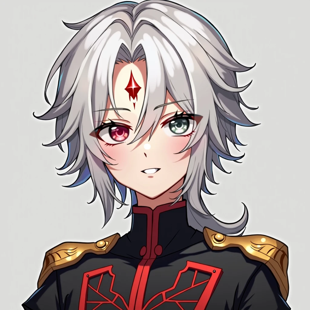 A boy with white hair and gray eyes. His left eye was scarred by a demon.「Chi」A mark like、Red star on forehead, gold decoration on black suit, red lines