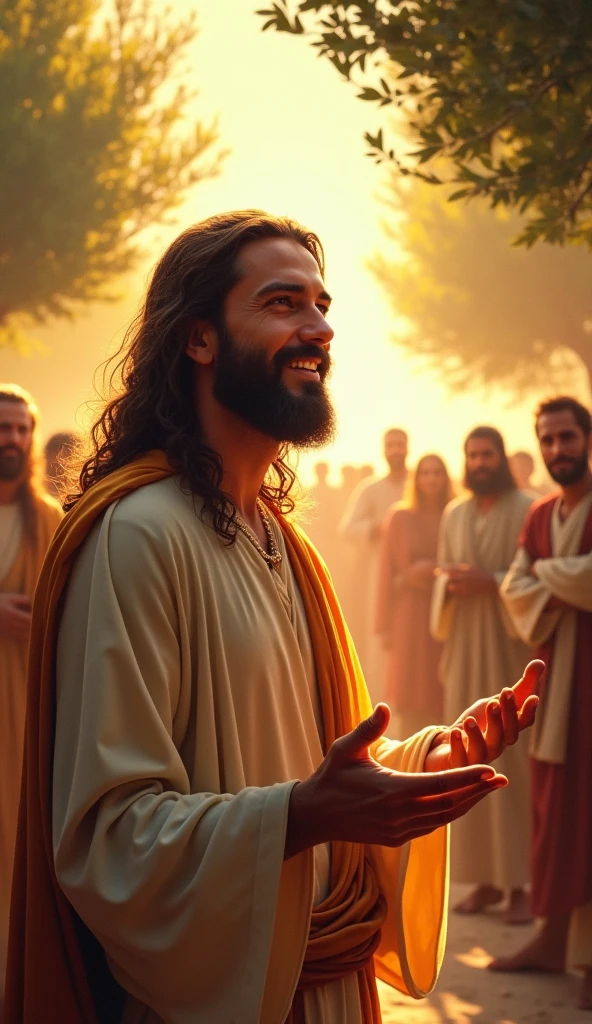 (best quality, high resolution).Serene Jesus, Attractive, olive trees, detailed, portraits, serenely illuminated face, Perfect eyes, heavenly aura, Jesus Christ teaching people, merciful, comic book style, surreal digital painting, vivid colors, divine, heavenly setting, soft lighting, expression of love, perfect skin, presence of love, smile of love, charitable pose, background with Jerusalem people, luminous aura, radiant atmosphere