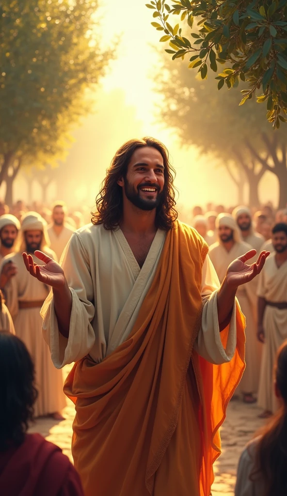 (best quality, high resolution).Serene Jesus, Attractive, olive trees, detailed, portraits, serenely illuminated face, Perfect eyes, heavenly aura, Jesus Christ teaching people, merciful, comic book style, surreal digital painting, vivid colors, divine, heavenly setting, soft lighting, expression of love, perfect skin, presence of love, smile of love, charitable pose, background with Jerusalem people, luminous aura, radiant atmosphere
