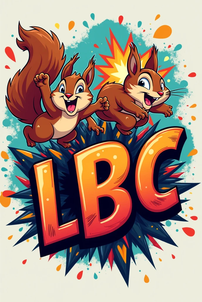 A logo with the initials "L.b.c" with squirrels and explosions 