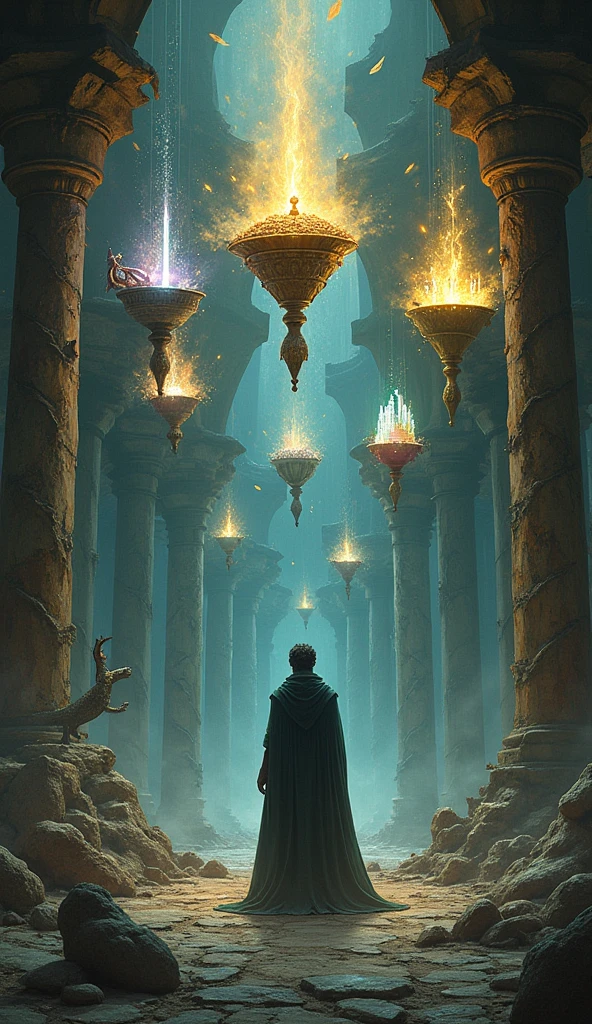 "Create a mystical and complex scene for the '7 of Chalices' in the Primal Sorcerer Tarot. A lone sorcerer stands in the middle of a crumbling ancient temple, surrounded by seven hovering chalices, each emitting a different, eerie glow. Each chalice contains a vivid, otherworldly vision: one shows a fierce dragon coiled around treasure, another reveals a beautiful, seductive sorceress, a third displays a powerful, gleaming sword. The remaining chalices hold a mystical castle floating in the air, a writhing mass of serpents, a shrouded figure holding a skull, and a chalice overflowing with golden light, symbolizing ultimate wisdom. The sorcerer gazes at these visions, his expression a mix of awe and trepidation, as he contemplates the choices before him. The temple is shadowed and ancient, with walls adorned with faded frescoes depicting long-forgotten gods and battles. The atmosphere is charged with a sense of overwhelming possibilities and the danger of illusion, reflecting the card's themes of choices, dreams, and the risks of deception."