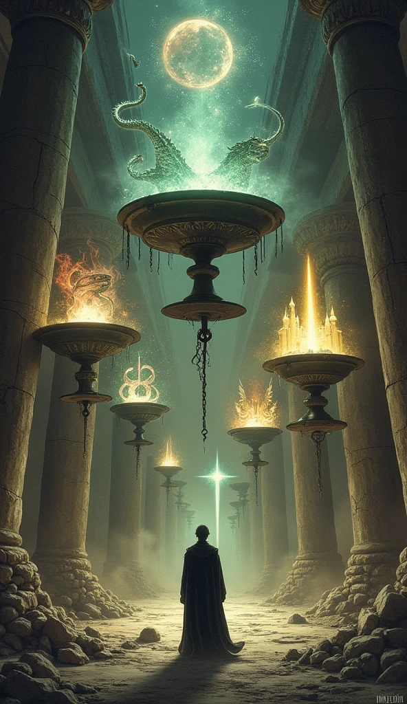 "Create a mystical and complex scene for the '7 of Chalices' in the Primal Sorcerer Tarot. A lone sorcerer stands in the middle of a crumbling ancient temple, surrounded by seven hovering chalices, each emitting a different, eerie glow. Each chalice contains a vivid, otherworldly vision: one shows a fierce dragon coiled around treasure, another reveals a beautiful, seductive sorceress, a third displays a powerful, gleaming sword. The remaining chalices hold a mystical castle floating in the air, a writhing mass of serpents, a shrouded figure holding a skull, and a chalice overflowing with golden light, symbolizing ultimate wisdom. The sorcerer gazes at these visions, his expression a mix of awe and trepidation, as he contemplates the choices before him. The temple is shadowed and ancient, with walls adorned with faded frescoes depicting long-forgotten gods and battles. The atmosphere is charged with a sense of overwhelming possibilities and the danger of illusion, reflecting the card's themes of choices, dreams, and the risks of deception."