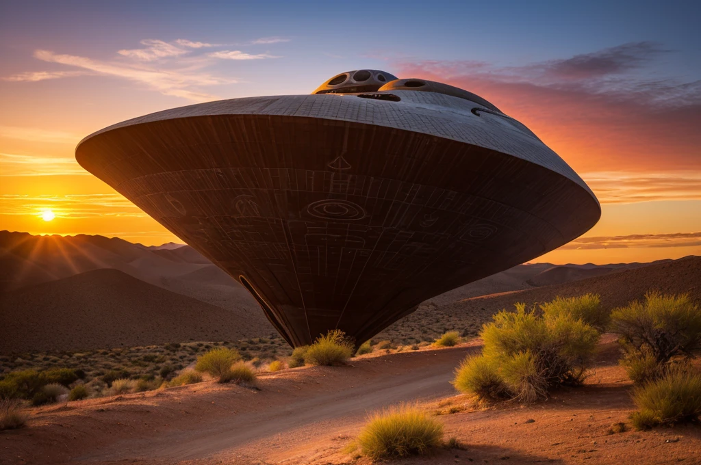 aboriginal Andean long black hair, colorful aguayo dress, Affectionately greets a tall, thin alien being, elongated head and big black eyes smiling, coming down from (((mysterious looking spaceship, Organic technology with cuneiform symbols in its structure 1.2))) the ship subtly levitates in the air high beauty and high resolution image the environment of the Atacama Desert in a reddish orange and violet sunset sky high detail on a mountain in the background petroglyphs can be seen