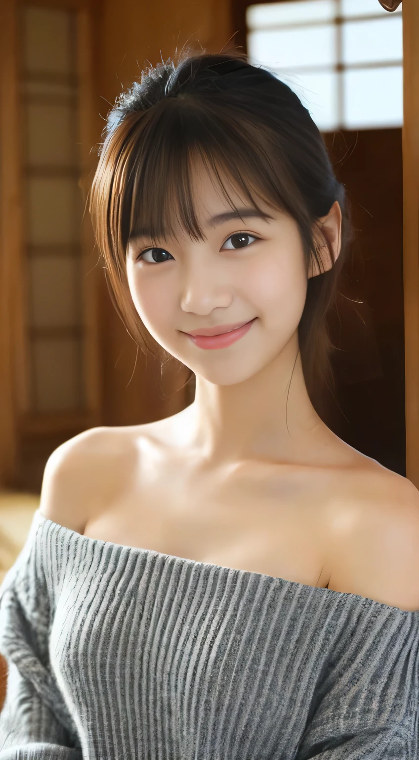 masterpiece,best quality,(Japanese girl),((Beautiful girl)),cleavage,(off shoulder:1.2),(perfect body beauty:1.2),(shy smile),