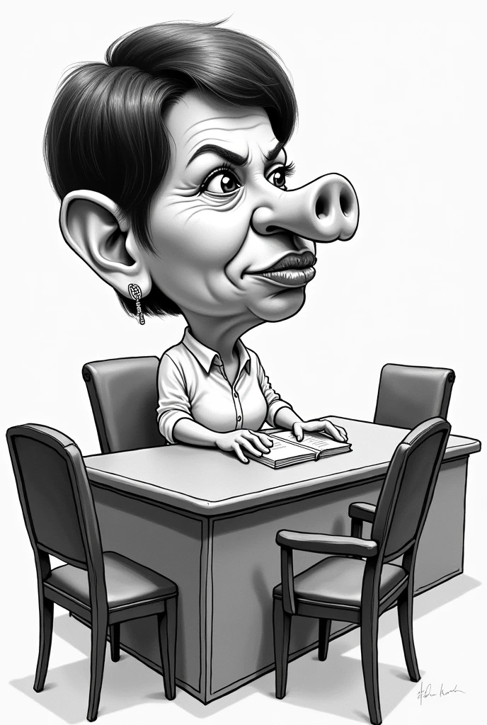 Vice president Sarah Duterte with pig nose pouting mouth with isang kaibigan book on her table with 4 chairs in her front she's sitting on the table in the Senate caricature black and white 